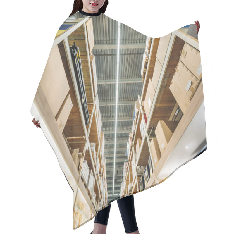 Personality  Bottom View Of Shelves With Boxes In Warehouse Hair Cutting Cape