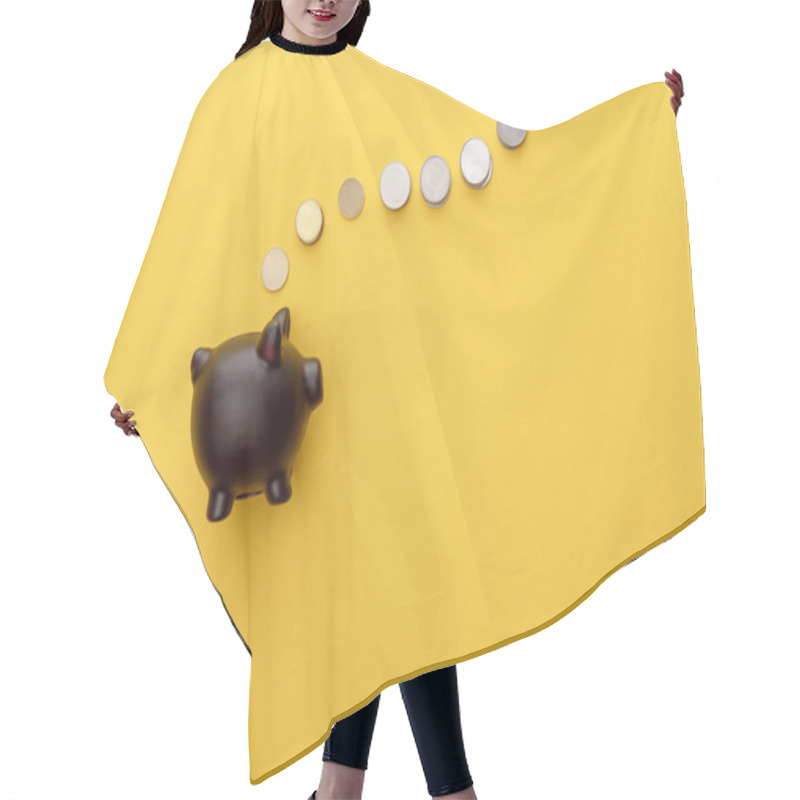 Personality  Top View Of Black Piggy Bank With Coins On Yellow Background Hair Cutting Cape