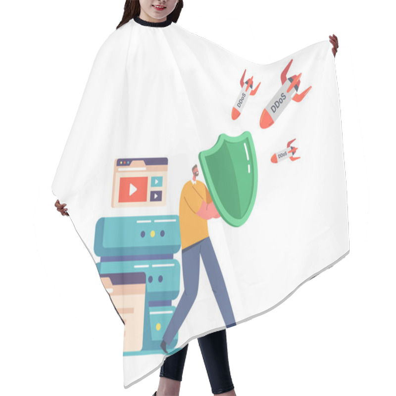 Personality  Ddos Attack And Data Center Protection With Hosting Server And Staff. System Administrator With Shield Protect Computer, Network And Database Center From Hacker Attack. Cartoon Vector Illustration Hair Cutting Cape