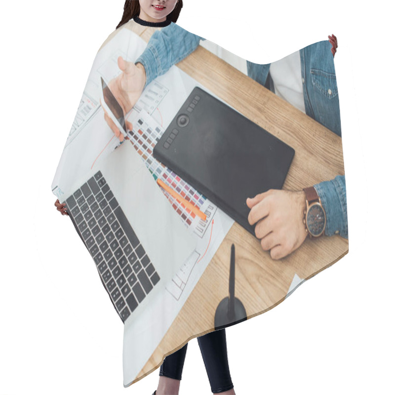 Personality  Cropped View Of Ux Designer Using Smartphone Near Laptop, Graphics Tablet And Sketches On Table Hair Cutting Cape