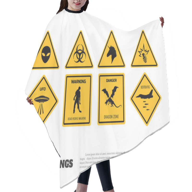 Personality  Comic Fantasy Yellow Warning Signs. Set Of Danger Stickers And Icons Hair Cutting Cape