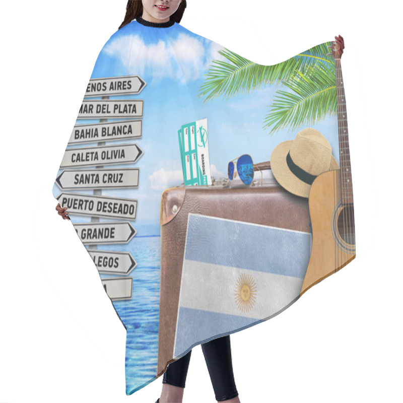 Personality  Concept Of Summer Traveling With Old Suitcase And Argentina Town Sign Hair Cutting Cape