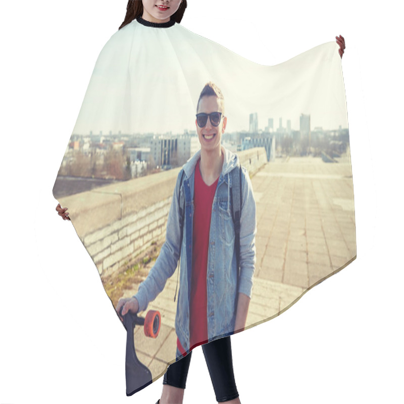 Personality  Smiling Man Or Teenager With Longboard On Street Hair Cutting Cape