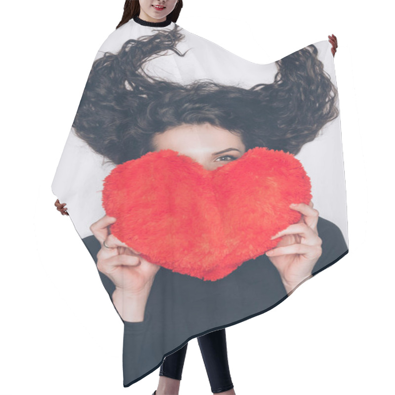 Personality  Young Woman With Hair In Shape Of Horns Covering Face With Heart Shaped Pillow Isolated On White Hair Cutting Cape