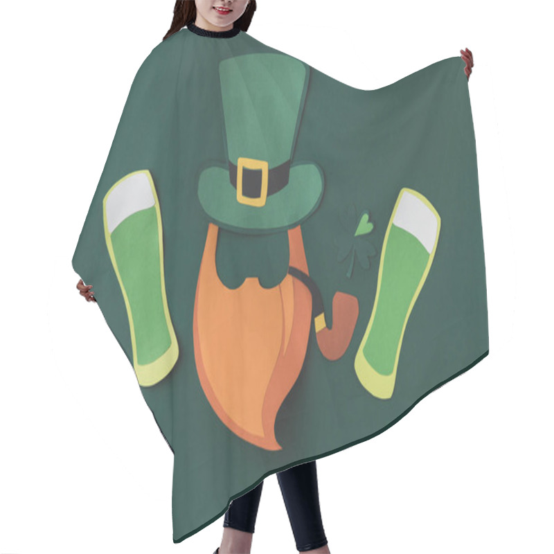 Personality  Top View Of Paper Decoration Of Leprechaun And Beer For St Patricks Day Isolated On Green Hair Cutting Cape