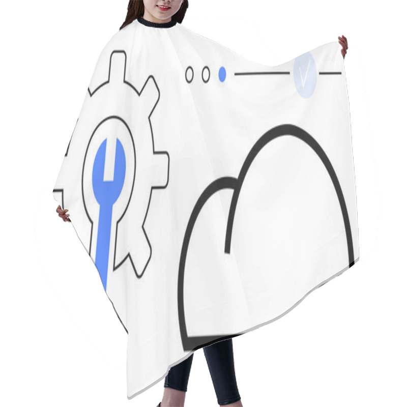 Personality  Gear With Wrench Representing Tools For Cloud Service Integration, Cloud Outline, Three Status Dots With One Checked. Ideal For IT, Software Development, Cloud Services, Data Centers, Project Hair Cutting Cape