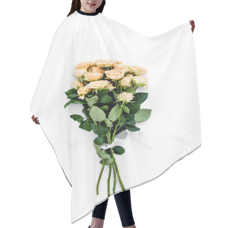 Personality  Pastel Tea Rose Bouquet Flowers On White Background. Floral Background. Minimal Floral Concept. Flat Lay, Top View.  Hair Cutting Cape