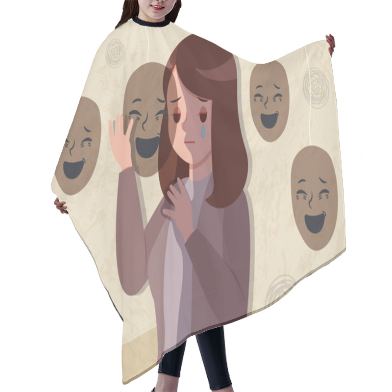 Personality  Upset And Depressed Woman Wear Happy Mask Hair Cutting Cape