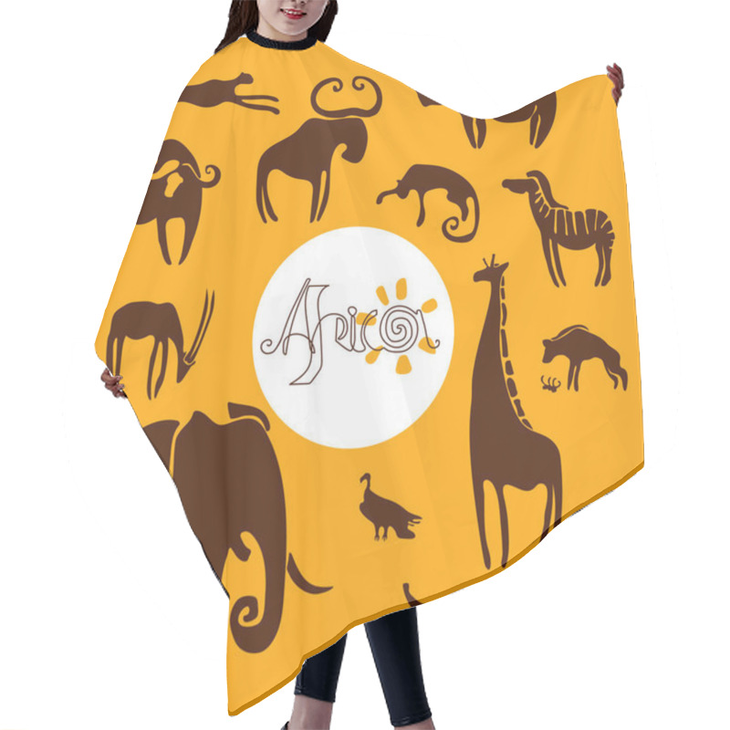 Personality  Africa, Inscription, Set Of African Animals, Vulture, Rhinoceros, Cheetah, Leopard, Buffalo, Oryx, Elephant, Giraffe, Color Vector Illustration On Yellow Background, Silhouettes In Hand Drawn Style. Hair Cutting Cape