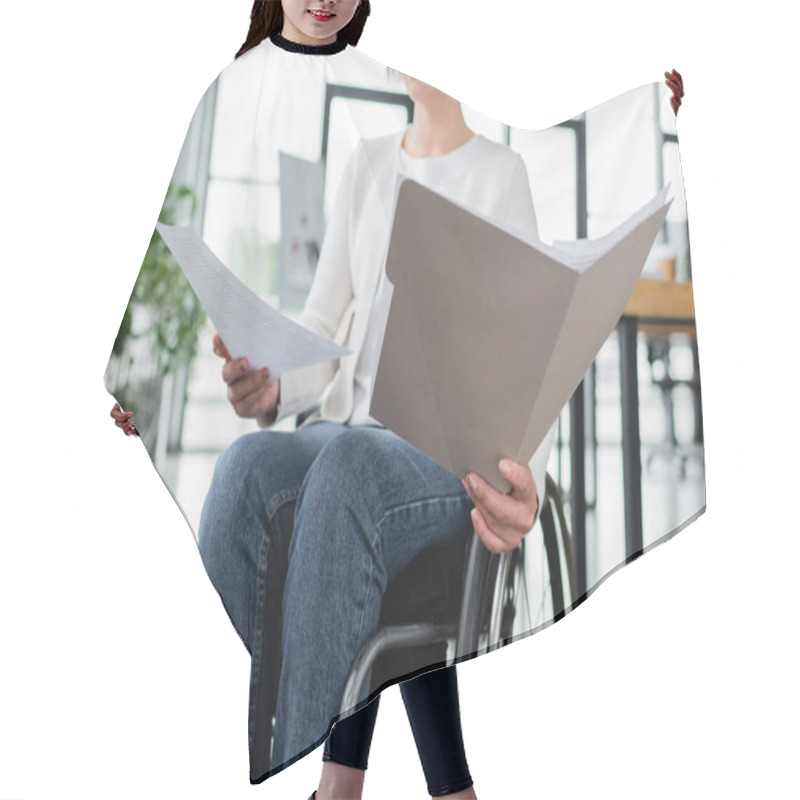 Personality  Cropped View Of Businesswoman In Wheelchair Working With Documents In Office Hair Cutting Cape