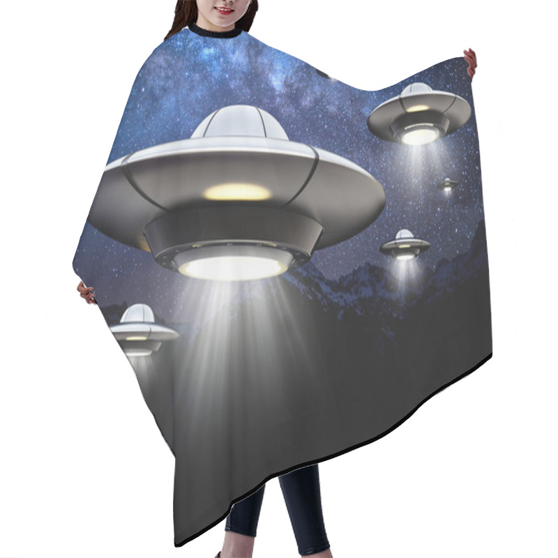 Personality  UFO With Light Beam Against The Night. 3D Illustration. Hair Cutting Cape