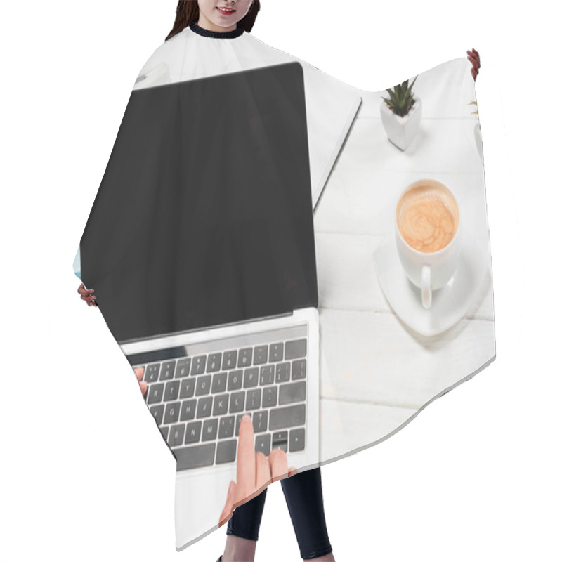 Personality  Cropped View Of Woman Using Laptop At Workplace With Office Supplies And Coffee Hair Cutting Cape