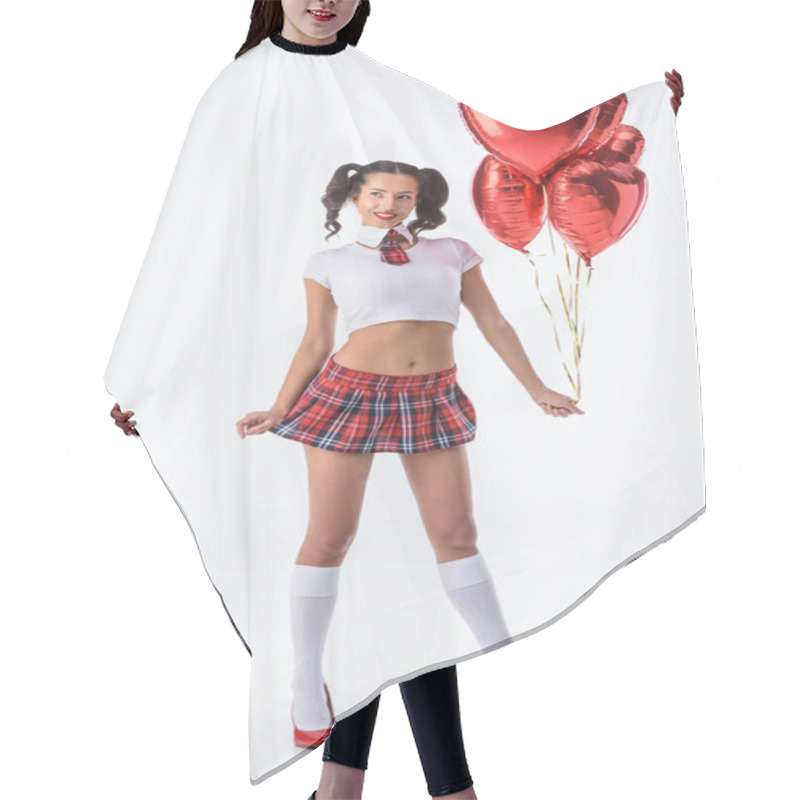 Personality  Young Sexy Schoolgirl With Helium Balloons In Shape Of Hearts Isolated On White Hair Cutting Cape