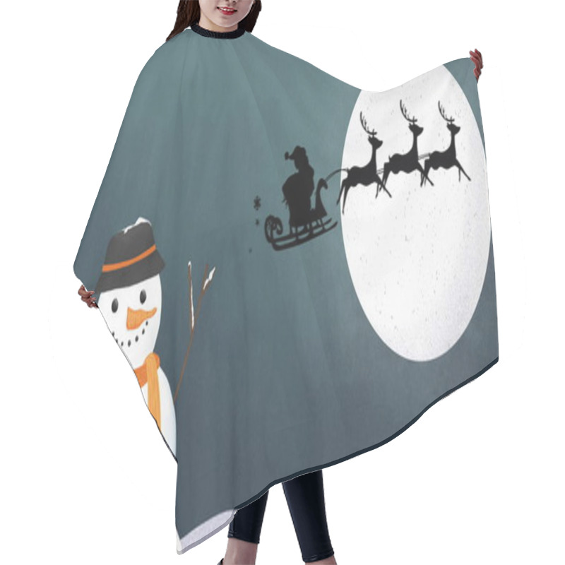 Personality  Image Of A Black Silhouette Of Santa Claus In Sleigh Being Pulled By Reindeers With Full Moon And Snowman In The Background. Hair Cutting Cape