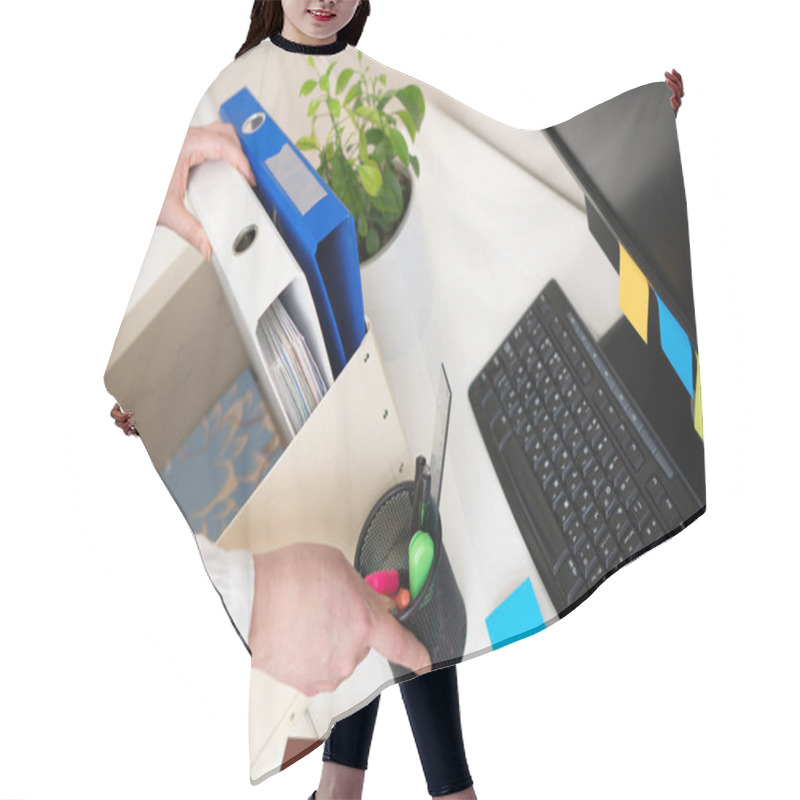 Personality  Businesswoman Holding Cardboard Box With Office Stuff. Resignation Concept. Hair Cutting Cape