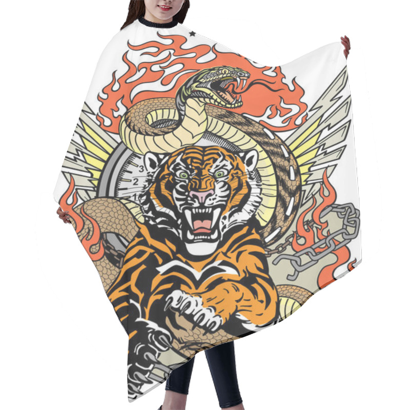 Personality  Roaring Tiger In The Jump And Snake Like Road. Design Template Include Broken Chain, Tongues Of Flame And Wings. Biker Tattoo. Vector Illustration Hair Cutting Cape