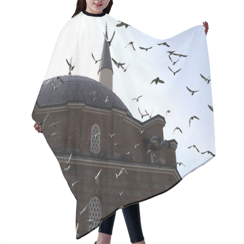 Personality  A Mosque Surrounded By Flying Pigeons. Hair Cutting Cape