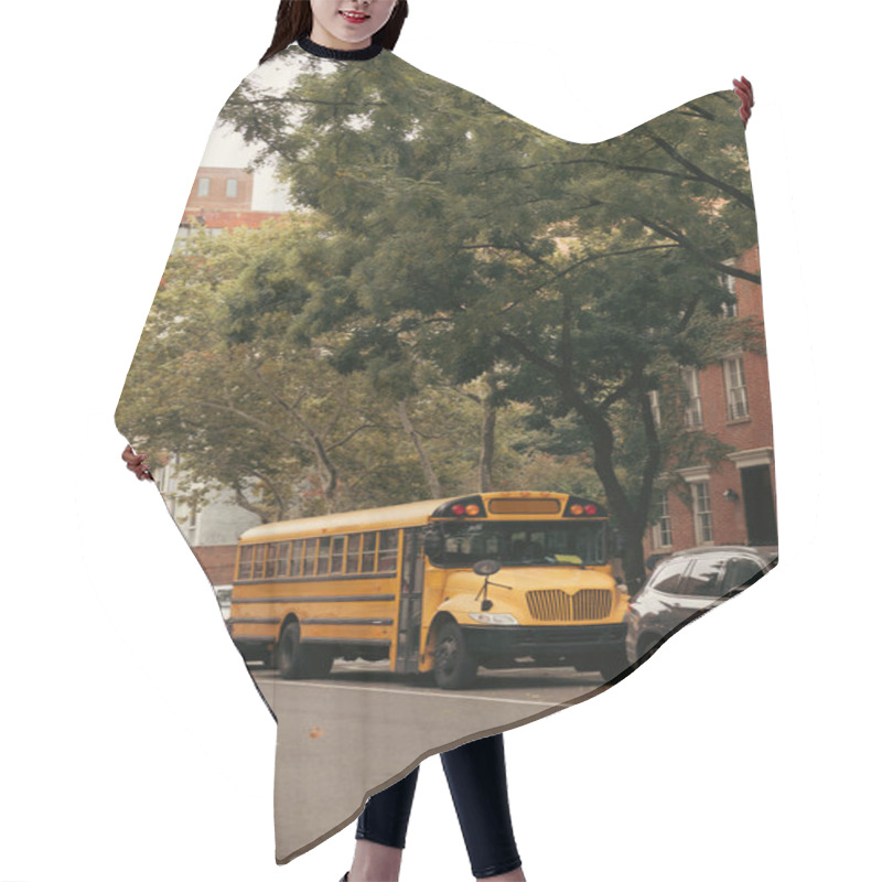 Personality  NEW YORK, USA - OCTOBER 13, 2022: Yellow School Bus Under Trees Of Urban Street In Brooklyn Height District Hair Cutting Cape