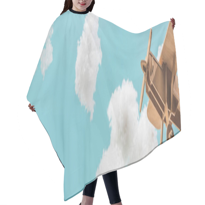 Personality  Wooden Toy Plane Flying Among White Fluffy Clouds Made Of Cotton Wool Isolated On Blue, Panoramic Shot Hair Cutting Cape