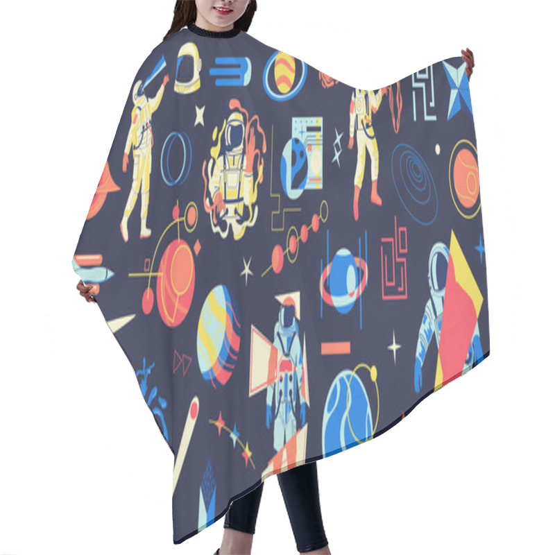 Personality  Galaxy Astronaut. Cartoon Futuristic Psychedelic Cosmos With Cosmonaut Or Planets. Abstract Cosmic Shapes And Spaceships. Astronomy Planetary Drawing. Explorers Of Universe, Vector Set Hair Cutting Cape