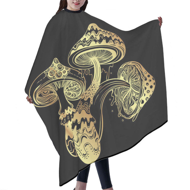 Personality  Magic Mushrooms. Psychedelic Hallucination. Gold Vector Illustration Isolated On Black. 60s Hippie Art. Coloring Book For Kids And Adults. Hair Cutting Cape