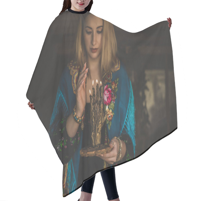 Personality  Future Telling. Gypsy Woman With Altar, Candles Magic, Clean Aura And Negative Energy, Wicca Concept Hair Cutting Cape