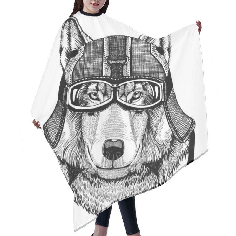 Personality  Wolf Dog Wearing Motorcycle Helmet, Aviator Helmet Illustration For T-shirt, Patch, Logo, Badge, Emblem, Logotype Biker T-shirt With Wild Animal Hair Cutting Cape