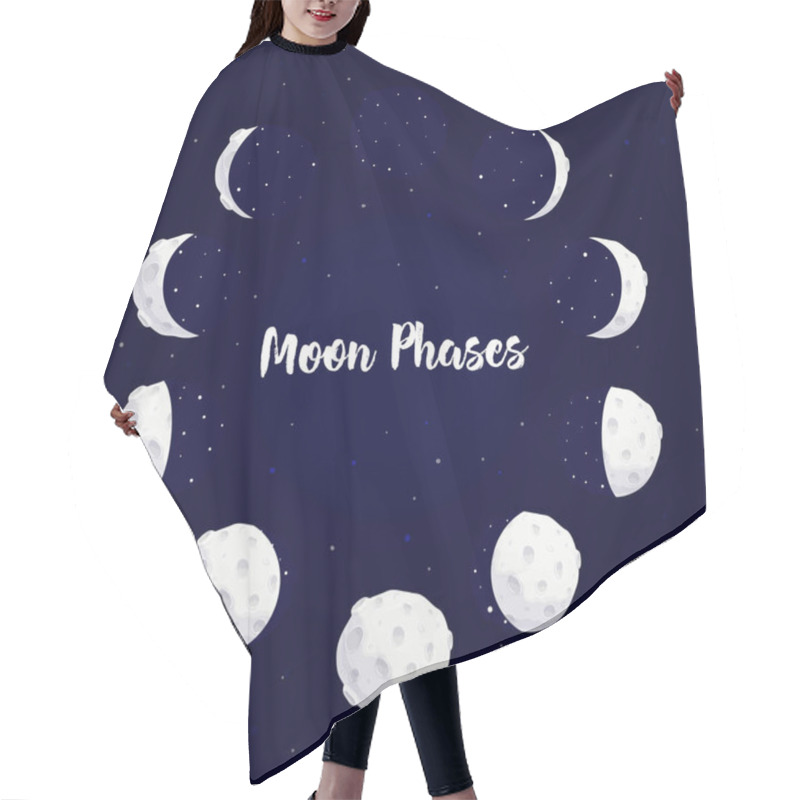 Personality  Phases Moon And Stars. Cute Night Sky Texture Vector Infographic Cartoon On The Dark Blue Background Hair Cutting Cape