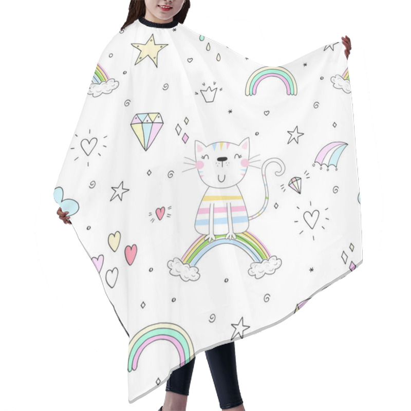 Personality  Hand Drawn Seamless Pattern With Cute Cat On A Rainbow, Doodle Illustration For Kids Vector Print Hair Cutting Cape