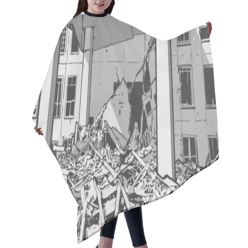 Personality  Comic Book Style Illustration Of Damaged Building In Black And White Hair Cutting Cape