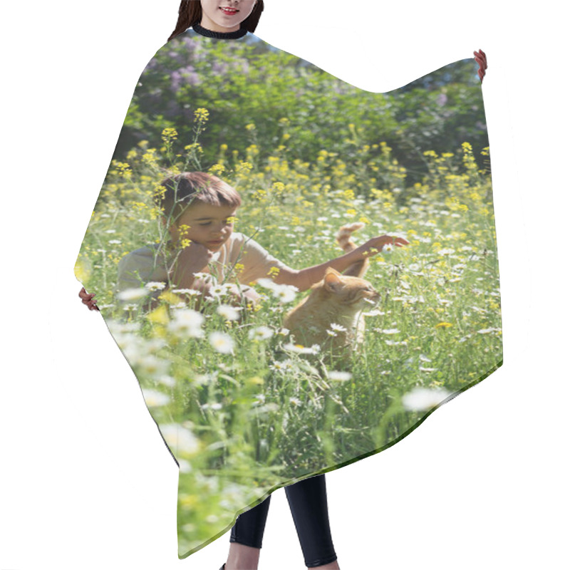 Personality  Young Boy Petting Ginger Cat In Wildflower Meadow On Sunny Day Hair Cutting Cape