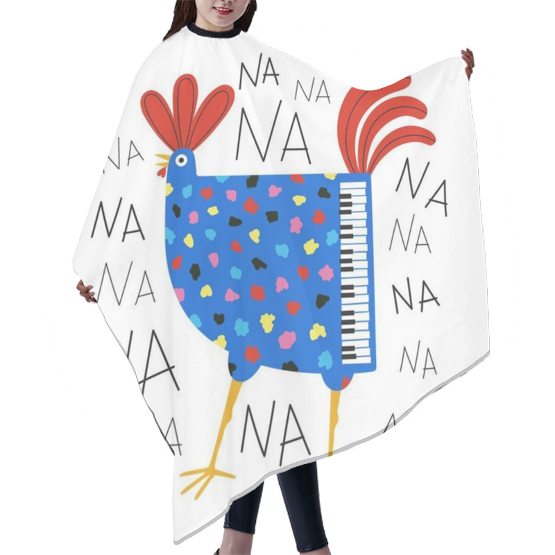 Personality  Vector Illustration With Funny Blue Chicken With Piano Keys And Lettering Words Na Na Na. Musical Print Design, Concert Cartoon Style Poster Template With Animal Hair Cutting Cape