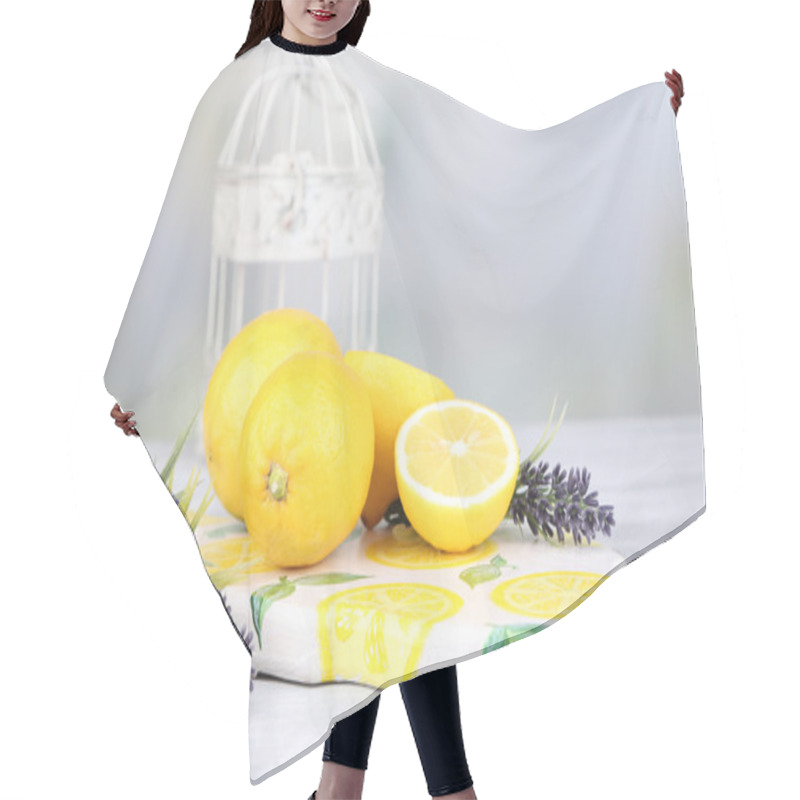 Personality  Still Life With Fresh Lemons And Lavender On Light Background Hair Cutting Cape