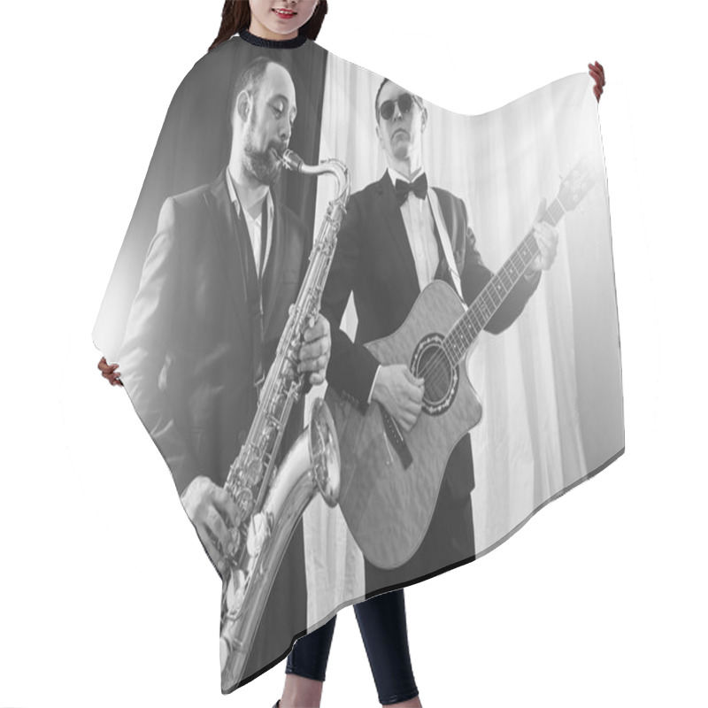 Personality  Group Of Two Musicians, Male Jazz Band, Guitarist And Saxophonist In Classical Costumes Improvise On Musical Instruments In A Studio Black And White Shot Hair Cutting Cape