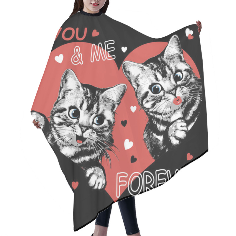 Personality  Two Cute Kittens In Red Heart. Print For T Shirt. Valentines Day Vector Illustration. Hair Cutting Cape