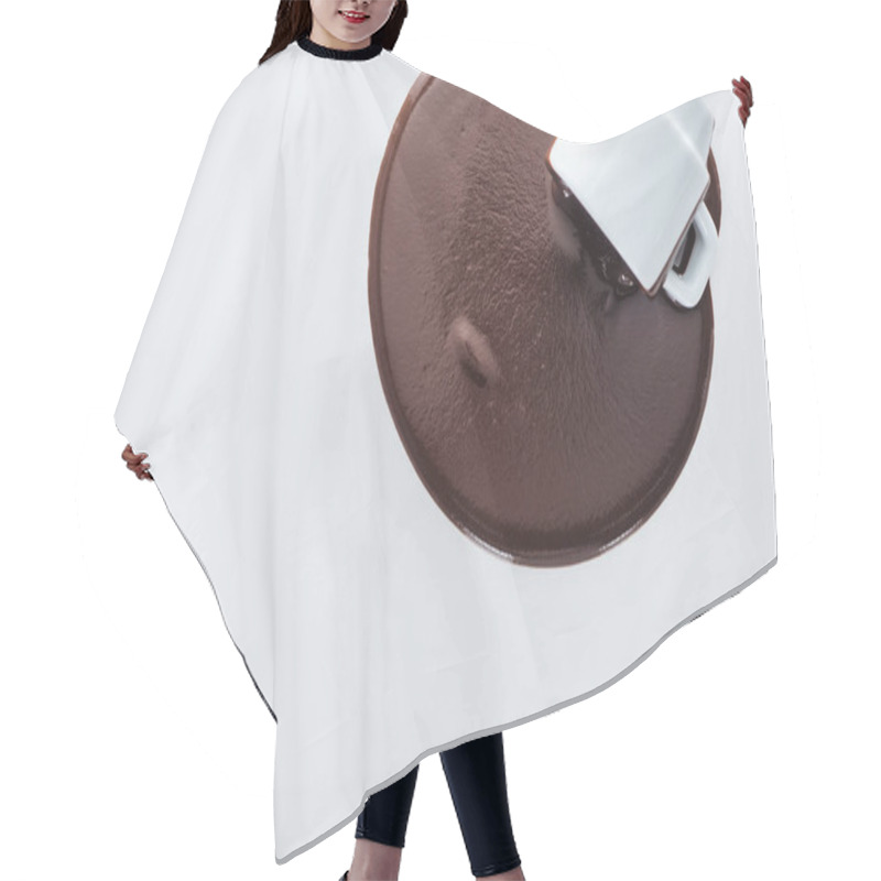 Personality  Top View Of Cup With Spilling Chocolate And Chocolate Drops On White Background  Hair Cutting Cape