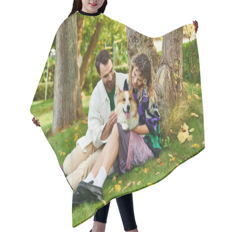 Personality  Happy Man And Curly Woman In Cute Outfit Cuddling Corgi Dog And Sitting Near Tree In Autumnal Park Hair Cutting Cape