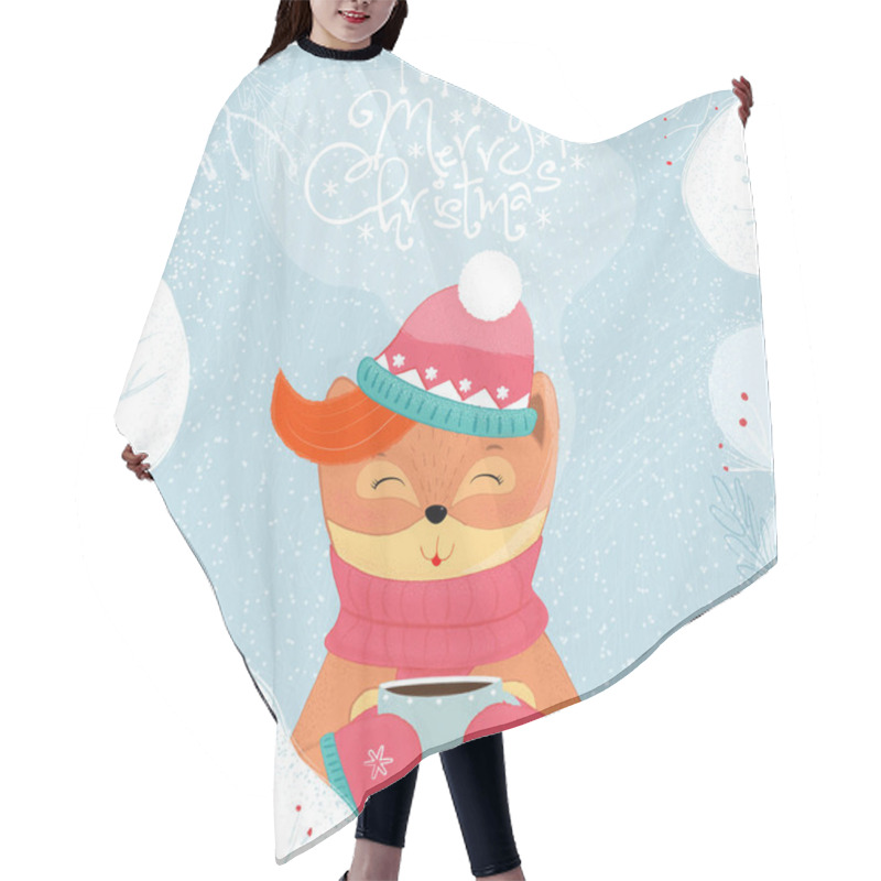 Personality  Merry Christmas Card Winter Fox Drinking Hot Tea. Hair Cutting Cape