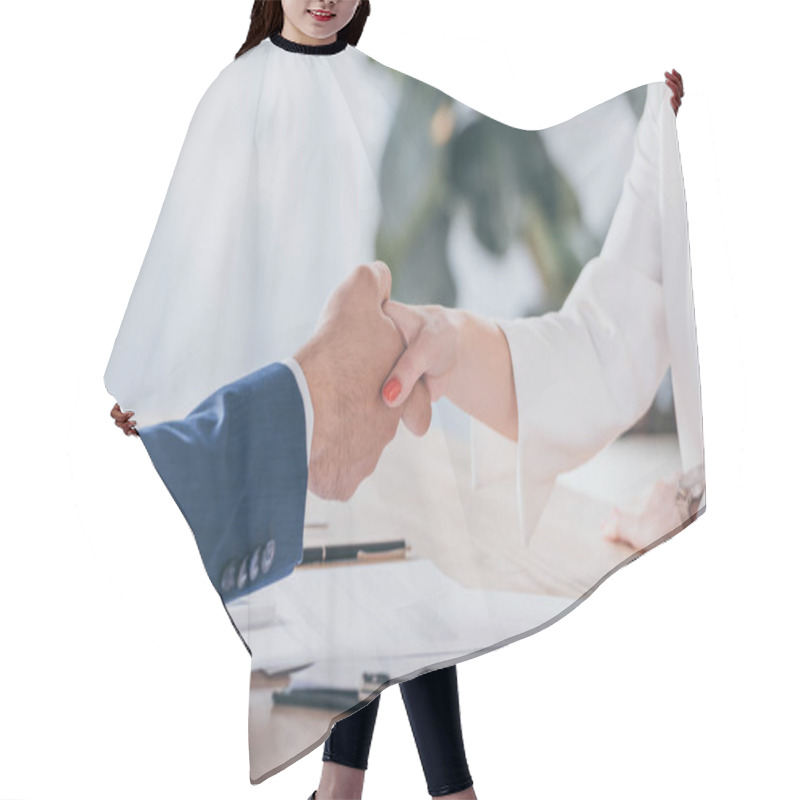 Personality  Partial View Of Businesswoman Shaking Hands With Man While Sitting At Wooden Desk Hair Cutting Cape