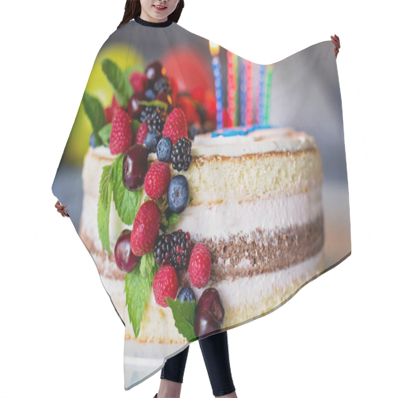 Personality  Homemade Kids Birthday Cake With Lots Of Fruits On Top, Cherries Hair Cutting Cape