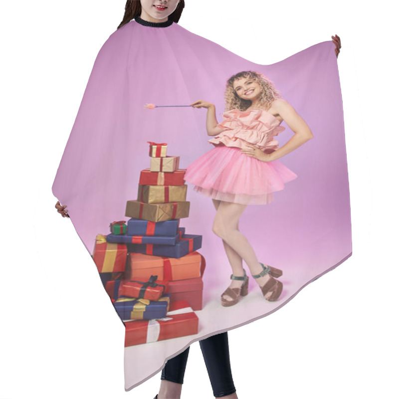 Personality  Smiley Curly Haired Woman In Tooth Fairy Costume Casting Spell On Pile Of Presents With Magic Wand Hair Cutting Cape