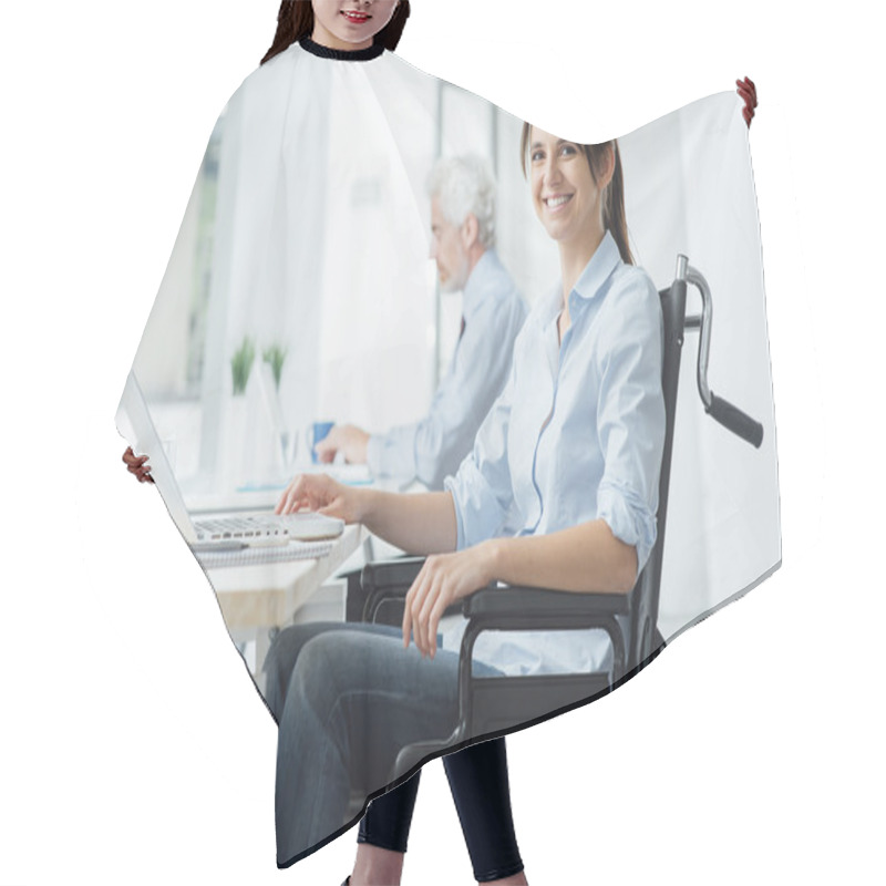 Personality  Smiling Business Woman In Wheelchair Hair Cutting Cape