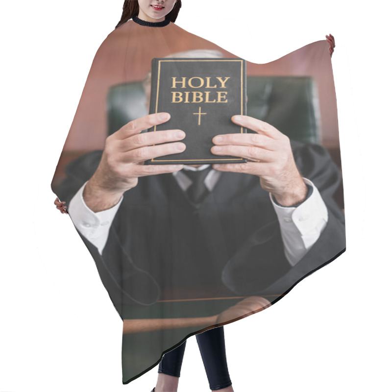 Personality  Holy Bible In Hands Of Senior Judge In Court On Blurred Background Hair Cutting Cape