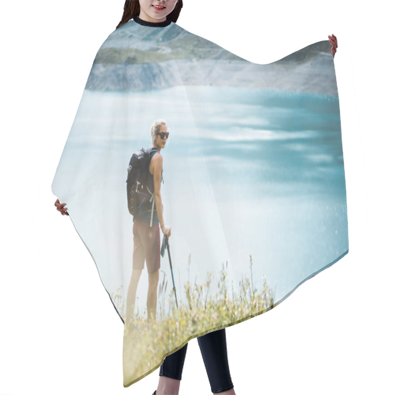 Personality  Adventurous Sportive Girl Hiking At A Lake In Beautiful Alpine Mountains Hair Cutting Cape