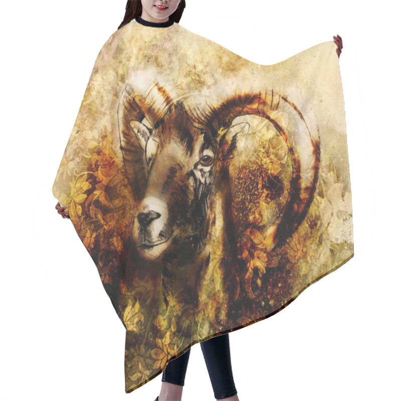 Personality  Drawing Of Male Wild Sheep With Mighty Horns On Flower Background. Hair Cutting Cape