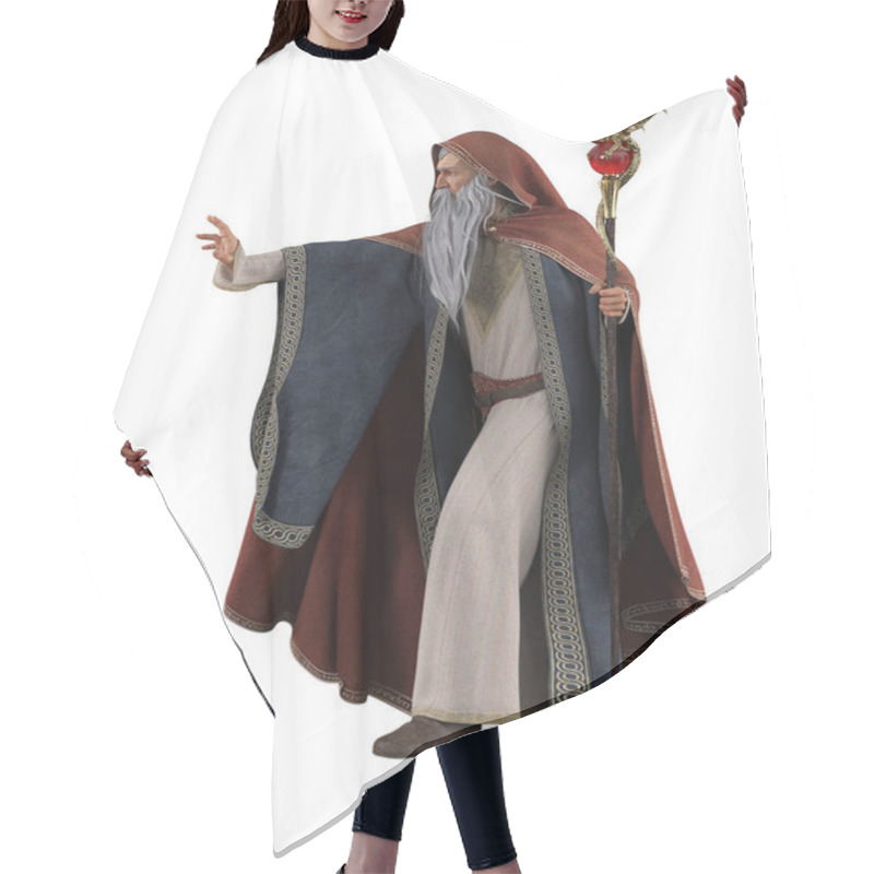 Personality  Powerful Old Wizard Or Sorceror With Long Grey Beard Holding Magic Staff And Casting A Spell. 3D Rendering Isolated On White With Clipping Path. Hair Cutting Cape