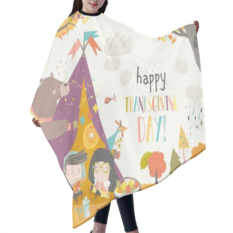 Personality  Cute Kids Celebrating Thanksgiving Day With Animals In A Teepee Tent Hair Cutting Cape