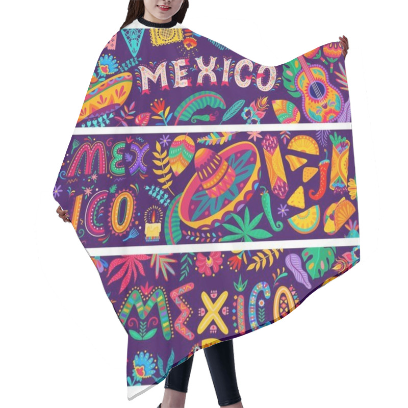 Personality  Mexican National Sombrero And Food, Toucan, Flowers, Guitar And Papel Picado Flags. Vector Banners With Ethnic Mexican Ornament Background Of Flowers, Leaves, Birds And Jalapeno Pepper Hair Cutting Cape