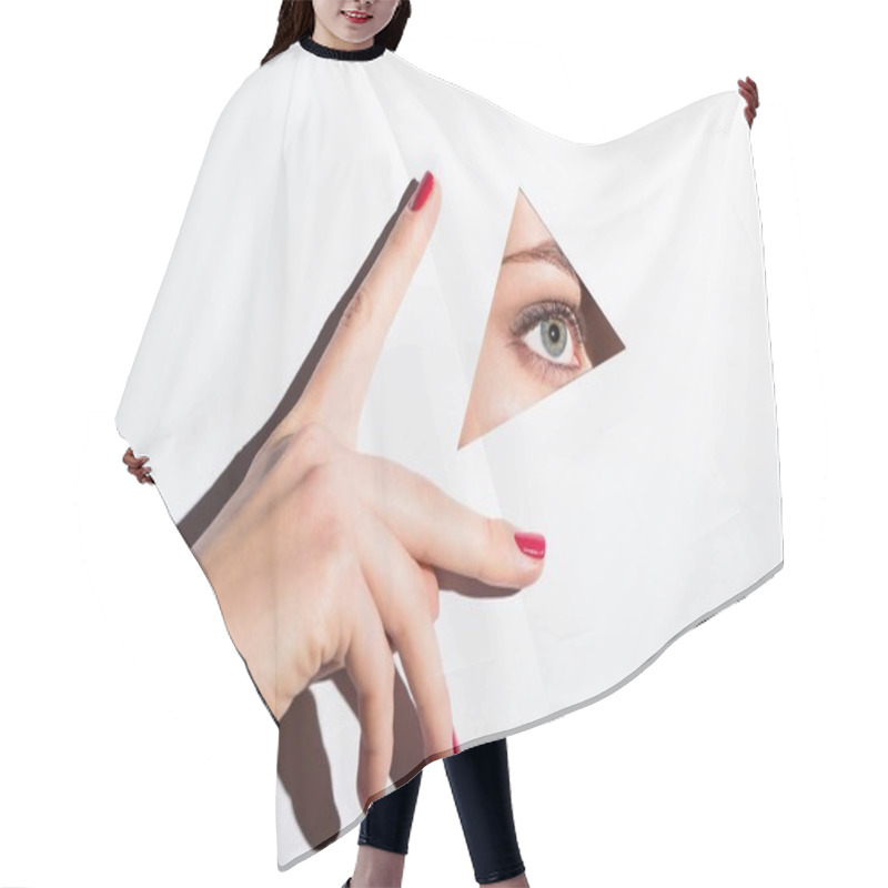 Personality  Woman Looking Out Of Hole In Paper Hair Cutting Cape