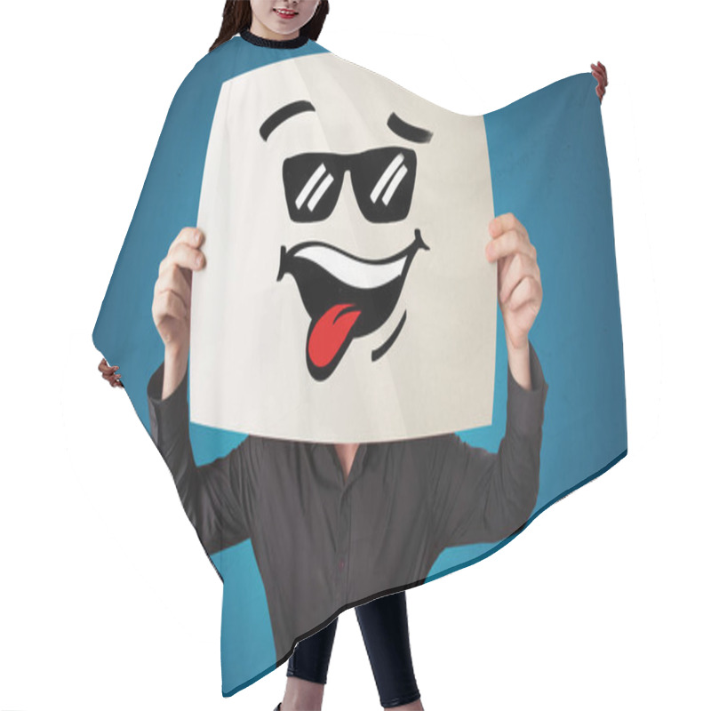 Personality  Person Holding A Paper With Cool Emoticon Face Hair Cutting Cape